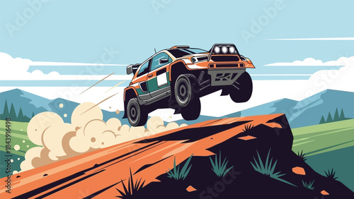 An orange and black SUV jumping over a dirt ramp with a scenic mountain landscape in the background under a blue sky with clouds.