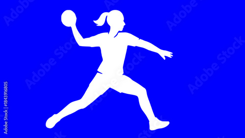 Silhouette of a female handball player throwing a ball, white graphic on a solid blue background