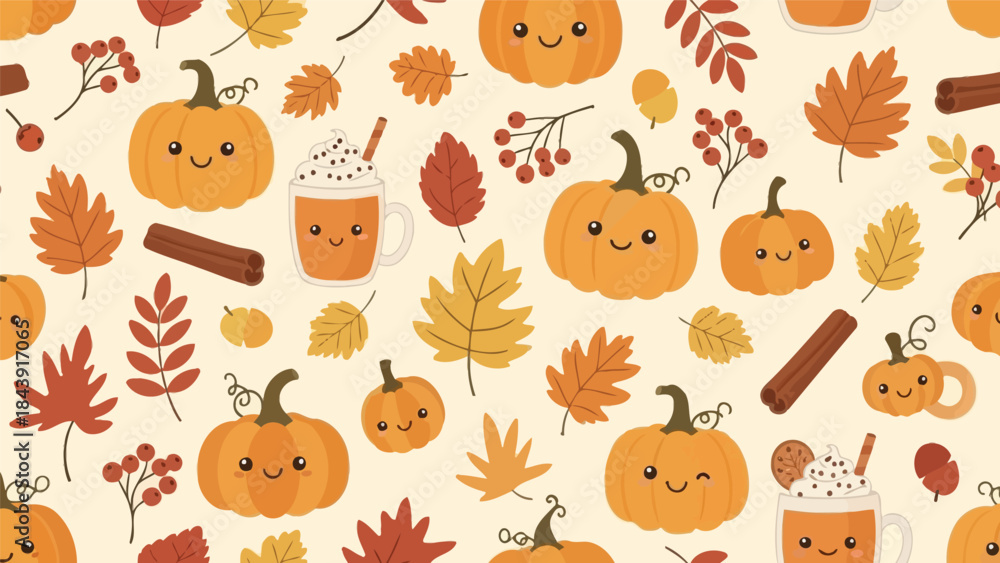 Fototapeta premium Autumn-themed pattern featuring cartoon pumpkins, leaves, acorns, and cinnamon sticks on a cream background with warm, fall colors.