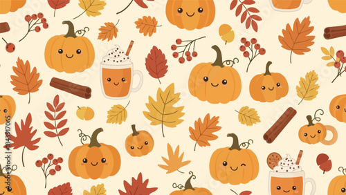 Autumn-themed pattern featuring cartoon pumpkins, leaves, acorns, and cinnamon sticks on a cream background with warm, fall colors.