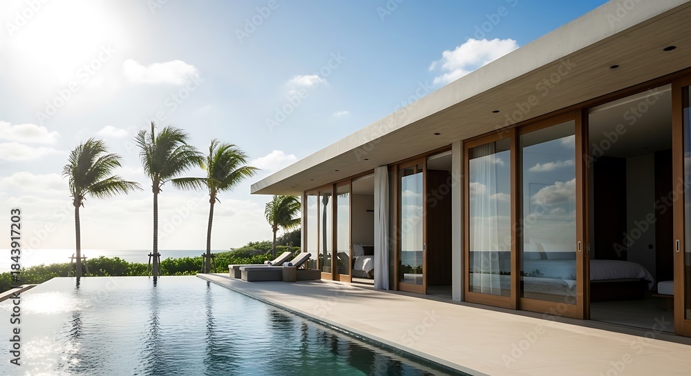 Fototapeta premium Luxury Villa with Infinity Pool Overlooking the Ocean and Palm Trees.