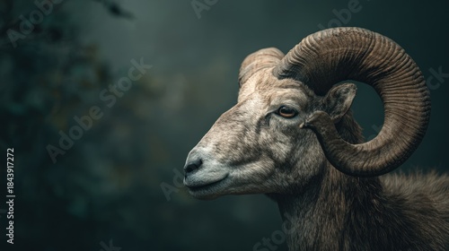 Portrait of a Majestic Bighorn Sheep with Prominent Horns in Dim Light