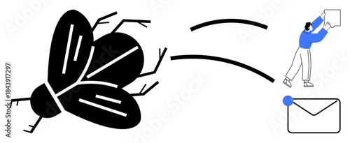 Bug reporting concept. Visualizing bug identification, communication, and resolution processes. Simplifying bug tracking via email tools. Ideal for tech, IT workflows, software development, bug