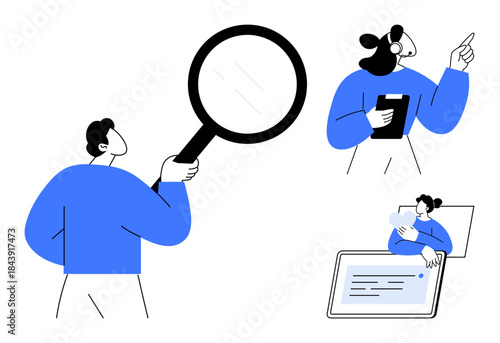 Research concept. Researching and analyzing data in teamwork scenarios with magnifying glass, laptop, and clipboard. Research for education, business, data analysis, innovation, and collaboration