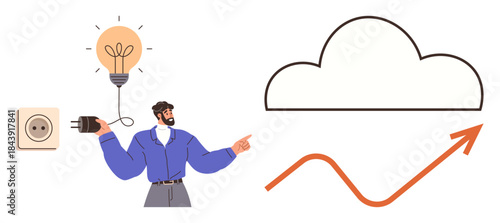 Man connects lightbulb to power outlet, symbolizing ideas and innovation. Cloud graphic with rising arrow represents growth, progress, and technology advancement. Ideal for energy, ideas, tech
