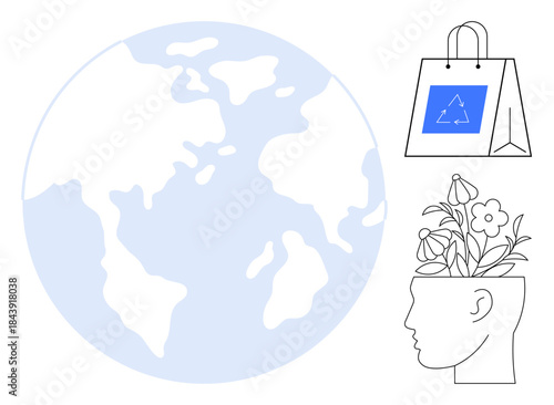 Earth globe, head with blooming flowers, and recyclable shopping bag convey sustainability, eco-consciousness, mindfulness, green living, environmental care, recycling, and growth through a simple