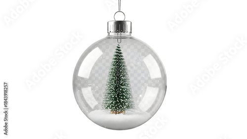 Transparent Glass Christmas Bauble with Mini Bottle Brush Tree and Faux Snow Isolated on Transparent Background PNG