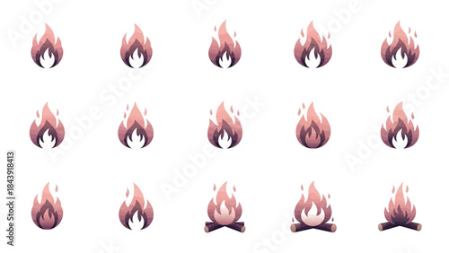 Graphic illustration of multiple small orange and red flames on a white background with a cinematic feel.