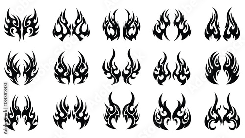 Collection of various black flame icons arranged in rows on a white background with a graphic design style.