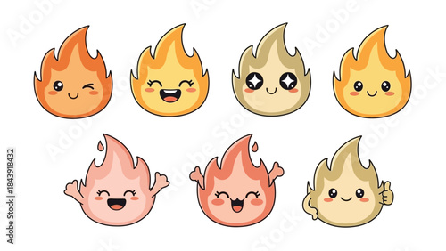 Set of seven cartoon flames with various facial expressions on a white background in a graphic illustration.
