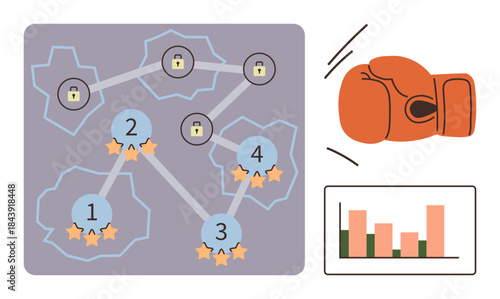 Network with rankings, security locks, boxing glove, bar chart visualizing progress. Ideal for cybersecurity, data protection, gamification, competition, performance improvement defense planning