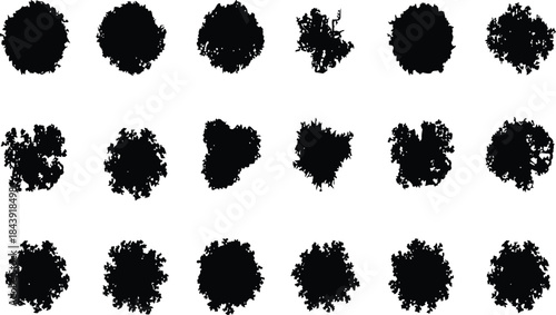 Vector view of trees in hand-drawn top view, isolated on a white background, environmental and garden elements