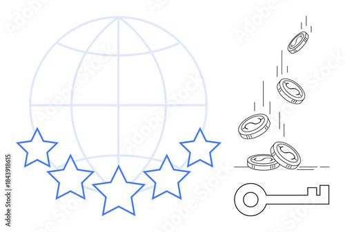 Customer satisfaction, global rating, financial security, e-commerce, currency management, online access. Globe with stars, coins and key. Customer satisfaction and financial security concepts
