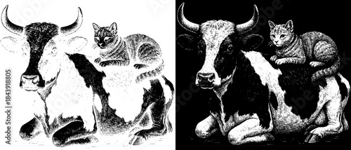Vintage Cow and Cat Engraving Scene, Inverted Black White Xerography Vector on Transparent Background for Laser Engraving on Dark Surface