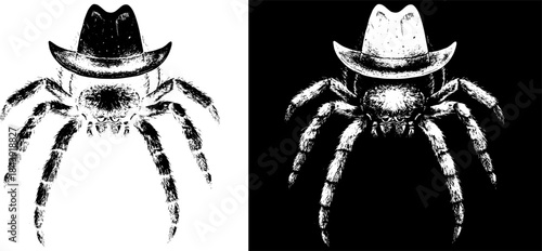 Vintage Spider Cowboy Engraving with Hat, Inverted Black White Xerography Vector on Transparent Background for Laser Engraving on Dark Surface