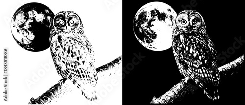 Vintage Owl with Full Moon Engraving, Inverted Black White Xerography Vector on Transparent Background for Laser Engraving on Dark Surface