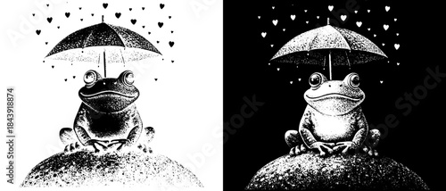 Vintage Frog Under Umbrella Engraving, Inverted Black White Xerography Vector on Transparent Background for Laser Engraving on Dark Surface