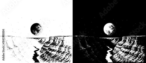 Vintage Moon Water Reflection Engraving, Inverted Black White Xerography Vector on Transparent Background for Laser Engraving on Dark Surface