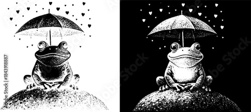 Vintage Frog Under Umbrella Engraving, Inverted Black White Xerography Vector on Transparent Background for Laser Engraving on Dark Surface