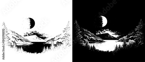 Vintage Crescent Moon Mountain Lake Engraving, Inverted Black White Xerography Vector on Transparent Background for Laser Engraving on Dark Surface