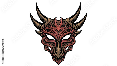 Illustration of a red and black devil mask with horns on a white background, in a graphic style.