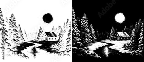 Vintage Moonlit Forest Cabin Path Engraving, Inverted Black White Xerography Vector on Transparent Background for Laser Engraving on Dark Surface