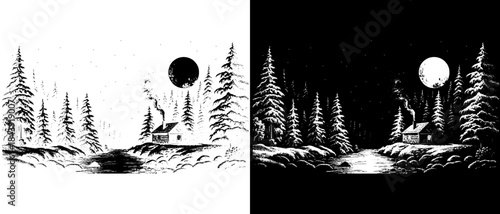 Vintage Moonlit Forest Path Engraving, Inverted Black White Xerography Vector on Transparent Background for Laser Engraving on Dark Surface