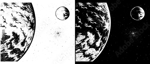 Vintage Earth and Moon Space Engraving, Inverted Black White Xerography Vector on Transparent Background for Laser Engraving on Dark Surface