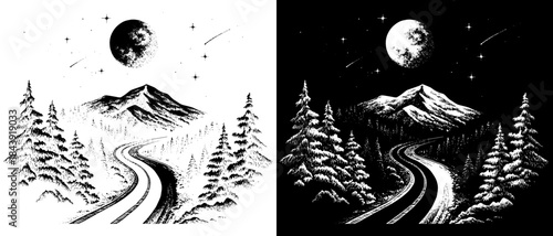 Vintage Moonlit Mountain Road Engraving, Inverted Black White Xerography Vector on Transparent Background for Laser Engraving on Dark Surface