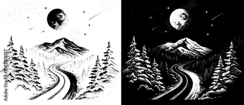 Vintage Moonlit Mountain Road Engraving, Inverted Black White Xerography Vector on Transparent Background for Laser Engraving on Dark Surface