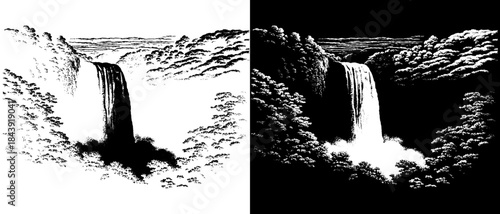 Vintage Waterfall Landscape Engraving, Inverted Black White Xerography Vector on Transparent Background for Laser Engraving on Dark Surface