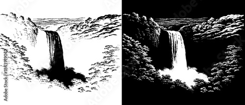 Vintage Waterfall Landscape Engraving, Inverted Black White Xerography Vector on Transparent Background for Laser Engraving on Dark Surface
