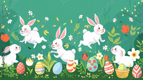 Cute Easter illustration with white bunnies, spring flowers and fresh green background. Cheerful seasonal design for Easter greetings, children projects, invitations and festive marketing
