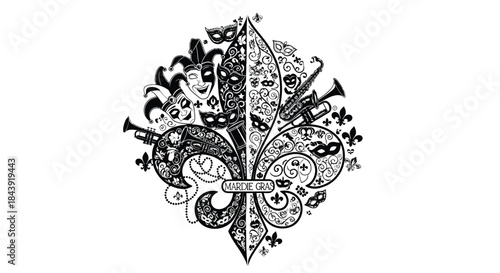 Intricate black and white fleur de lis design with masks and musical instruments