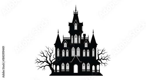 A spooky silhouette of a haunted castle with bare tree branches