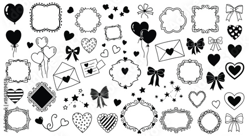 Collection of black and white heart frame and love themed doodle elements