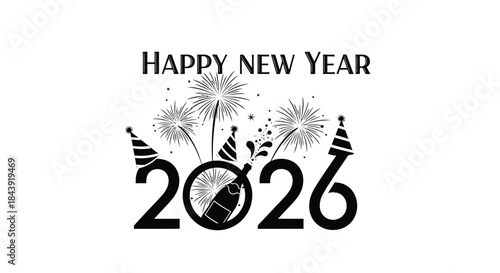 Happy new year 2026 celebration with fireworks party hats and a champagne bottle
