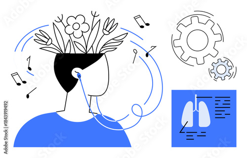 Mental health, creativity, wellness, music therapy, respiratory health, cognitive vitality. Abstract ion of a person with flowers as the brain, music notes and lungs icon. Music therapy and mental