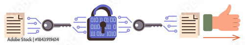 Document encryption process with digital lock, binary code, and keys unlocking secure transfer. Ideal for cybersecurity, encryption, data privacy, technology, information security, digital safety