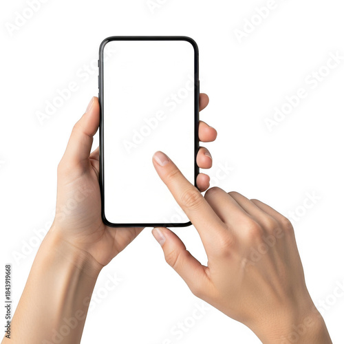 Hands holding smartphone and tapping a blank white screen isolated on black background