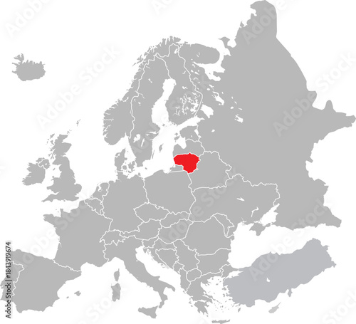 Map of Lithuania on European Continent Vector.
