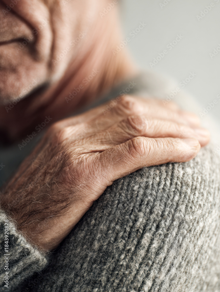 Fototapeta premium Elderly person experiencing shoulder discomfort gently holding the affected area while wearing a cozy knitted gray sweater indoors with soft lighting