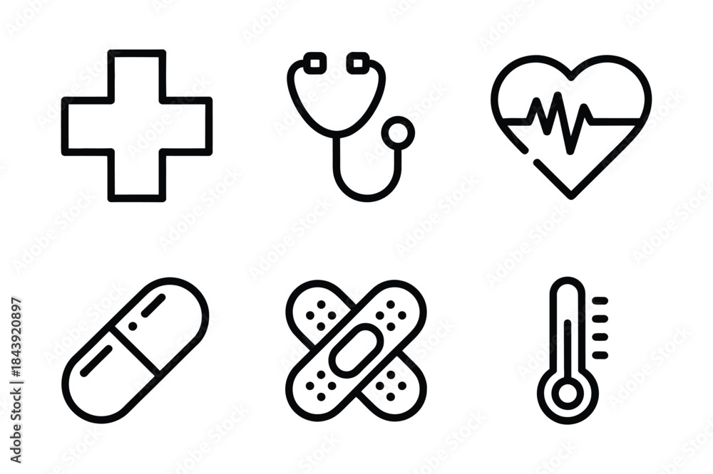 Fototapeta premium Medical icons set including stethoscope, pill, heart, and thermometer for healthcare applications