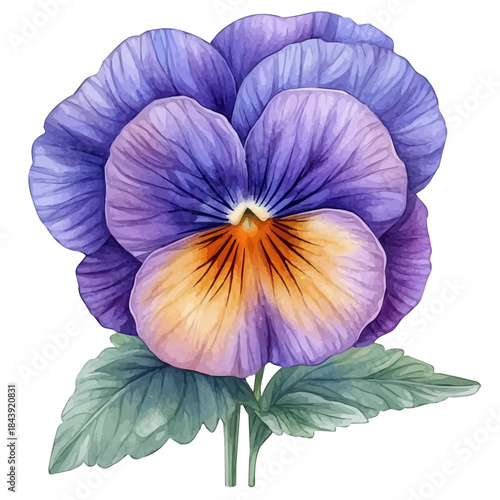 Pansy Flower, watercolor artwork with intricate patterns and vibrant, isolated on a white background.