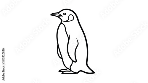 A simple black and white line drawing depicts a solitary penguin in profile view
