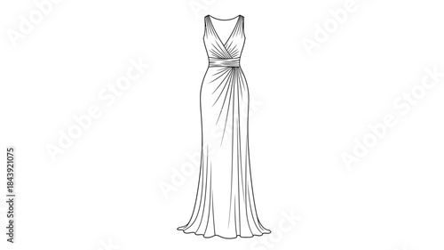 A sketched illustration of a flowing elegant v neck evening gown with a fitted waistline
