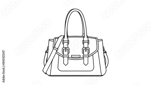 A simple line drawing depicts a classic handbag with a top handle and shoulder strap