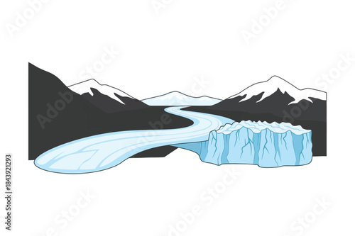 A stylized illustration depicting a glacial river flowing between snow-capped mountains.