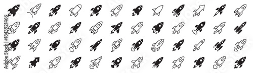 Rocket icons mega set. Space launch rocket symbols in line and solid styles. Big startup, innovation and space exploration collection for technology, business and science design – stock vector