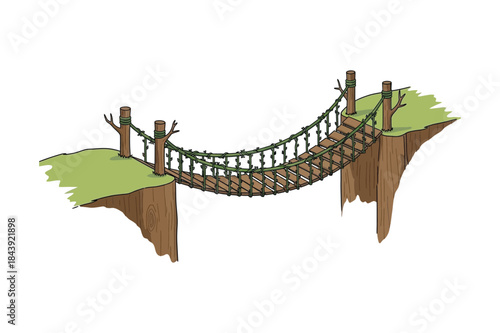 A cartoon depiction of a wooden rope bridge spanning a deep gorge between two cliffs